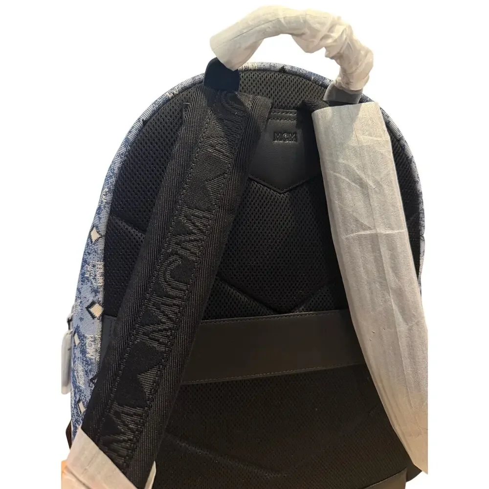 NEW MCM Stark Medium Backpack Blue Denim Visetos Monogram Studded Luxury Bag